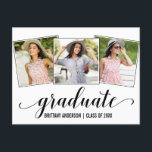 Modern 3 Photo Calligraphy Graduation Party Invitation Postcard<br><div class="desc">Modern 3 Photo Graduation Party Invitation - Calligraphy Script</div>