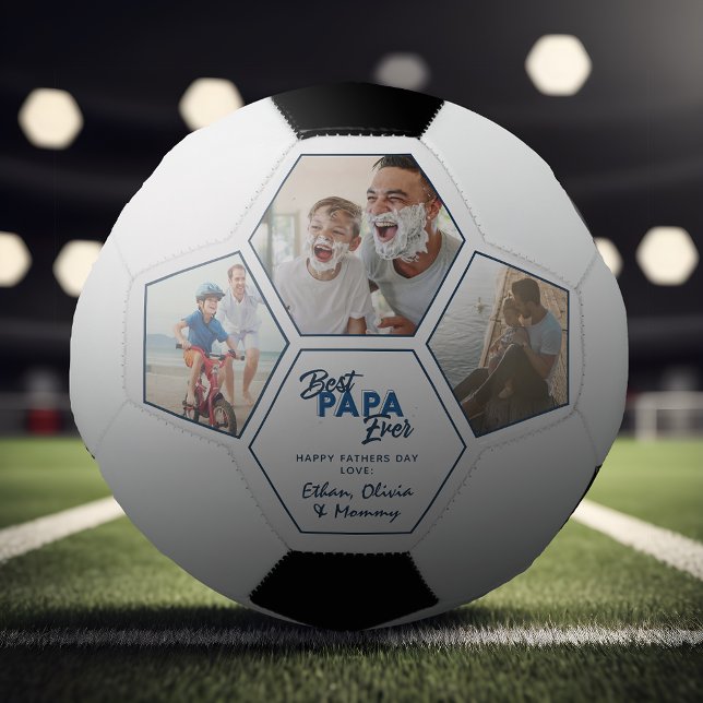 Modern 3 Photo Collage Best Papa Ever Soccer Ball (Easily personalize this Best Daddy Ever Soccer ball with your photos and text for a unique gift)