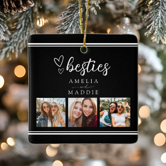 Modern 3 Photo Collage Besties Black and White Ceramic Ornament