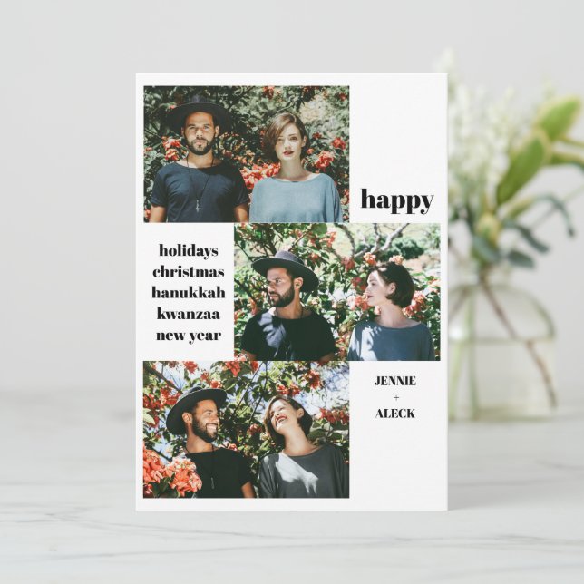 Modern 3 Photo Collage Black and White Christmas Holiday Card (Standing Front)
