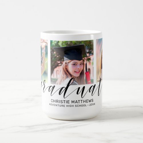 Modern 3 Photo Collage Black Script Graduate Coffee Mug