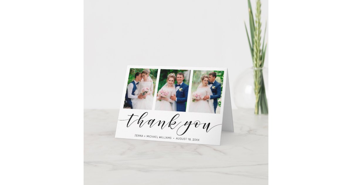 Modern 3 Photo Collage Black Script Wedding Thank You Card | Zazzle