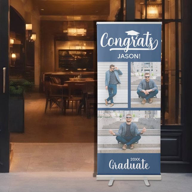 Modern 3 Photo Collage Blue Graduation Retractable Banner (Modern 3 Photo Collage Blue Graduation Retractable Banner (33" x 84"))