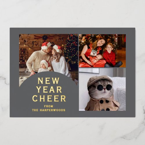 Modern 3 Photo Collage Cheers Happy New Year Foil Holiday Card