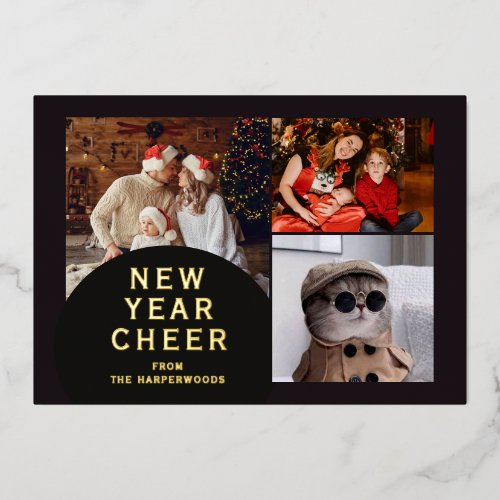 Modern 3 Photo Collage Cheers Happy New Year Foil Holiday Card
