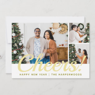 Modern 3 Photo Collage Cheers Happy New Year  Holiday Card