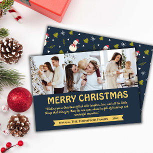 Modern 3-photo collage cute navy blue Christmas Holiday Card