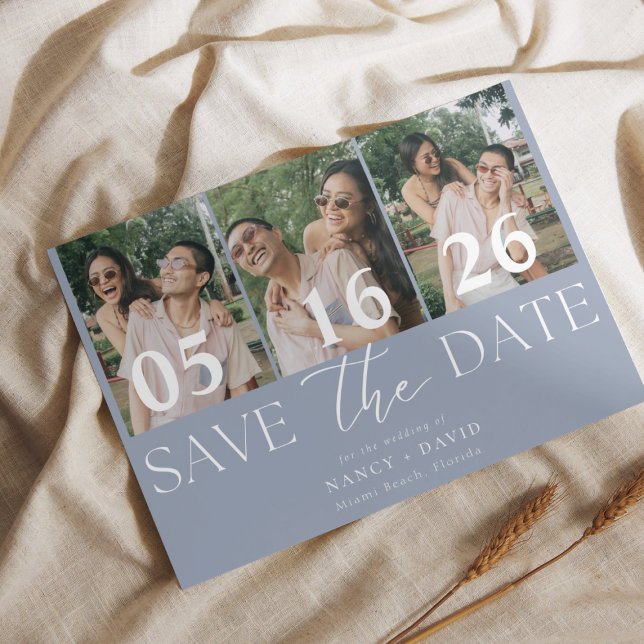 Modern 3 photo Collage Dusty Blue Wedding   Save The Date (Creator Uploaded)
