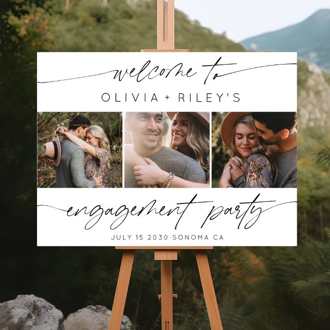Modern 3 Photo Collage Engagement Party Welcome  Foam Board (Creator Uploaded)