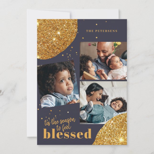 Modern 3 photo collage family gold Christmas Holiday Card (Front)