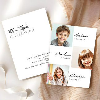 Modern 3 Photo Collage Joint Birthday Party Invitation