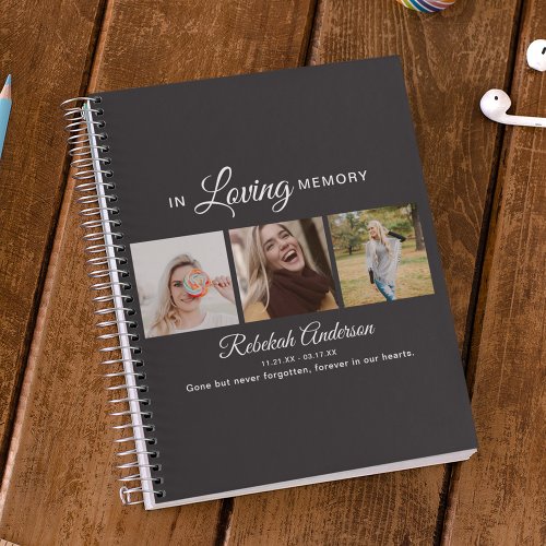 Modern 3 Photo Collage Memorial Guest Notebook