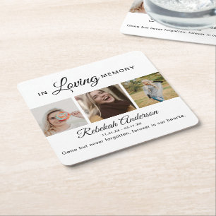 Modern 3 Photo Collage Memorial Square Paper Coaster