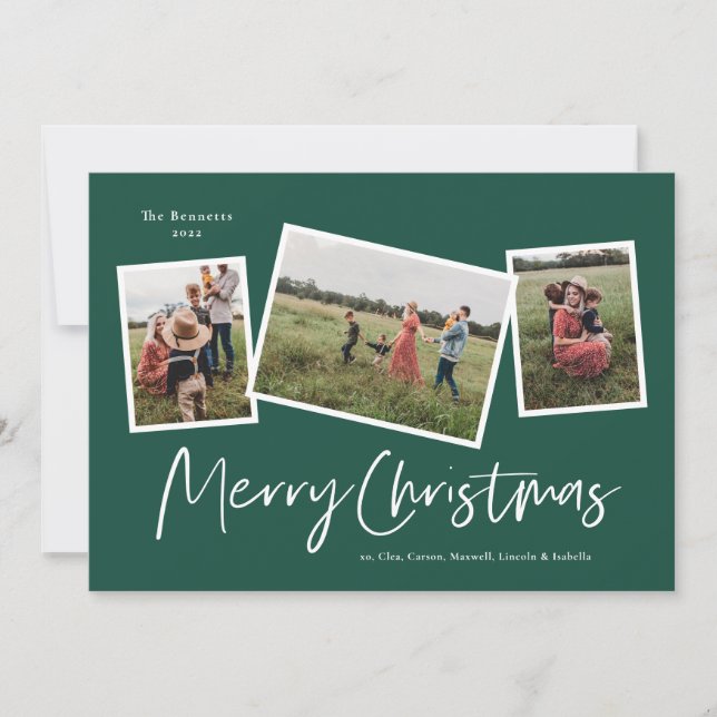 Modern 3 Photo Collage Merry Christmas Holiday Card (Front)