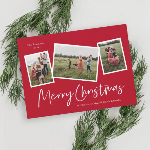 Modern 3 Photo Collage Merry Christmas Holiday Card