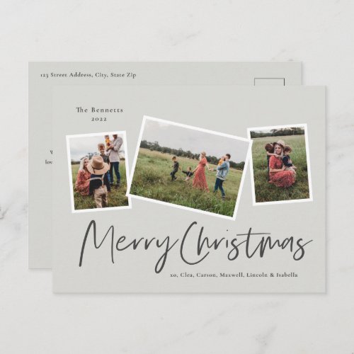 Modern 3 Photo Collage Merry Christmas Holiday Postcard