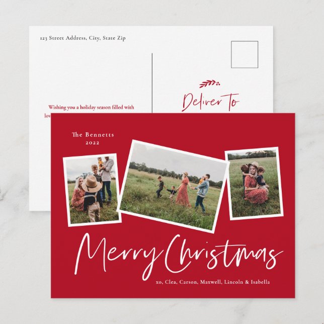 Modern 3 Photo Collage Merry Christmas Holiday Postcard (Front/Back)