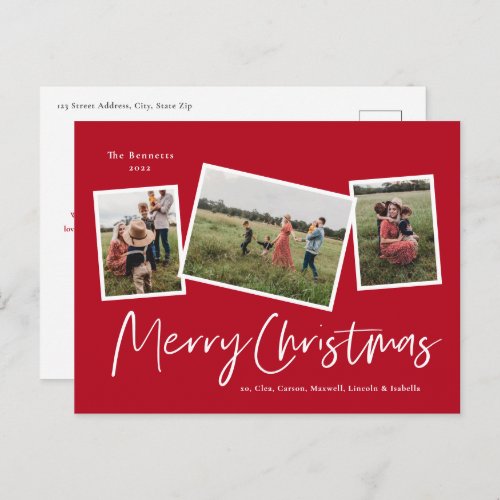 Modern 3 Photo Collage Merry Christmas Holiday Postcard