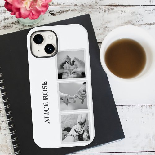 Modern 3 Photo Collage Name or Monogram White Case_Mate iPhone 14 Case