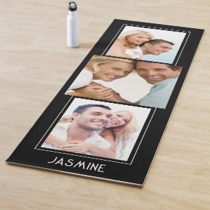 Modern 3 Photo Collage Name Personalized Black Yoga Mat
