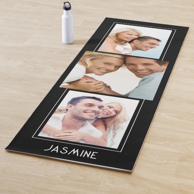 Modern 3 Photo Collage Name Personalized Black   Yoga Mat (In Situ)