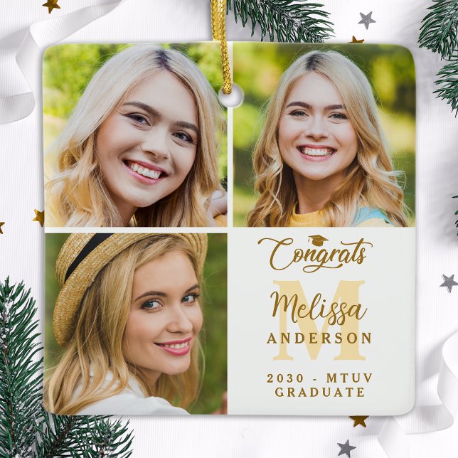Modern 3 Photo Collage Personalized Graduation Ceramic Ornament (Creator Uploaded)