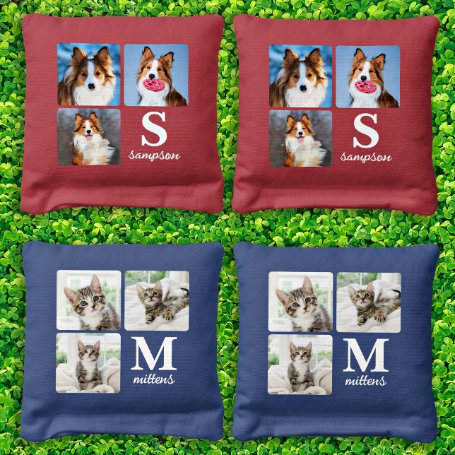 Modern 3 Photo Collage Personalized Monogram Dog Cornhole Bags (Creator Uploaded)