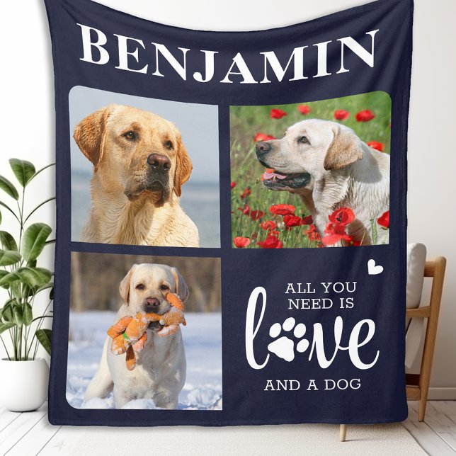 Modern 3 Photo Collage Pet Dog Lover Personalized Fleece Blanket (Creator Uploaded)