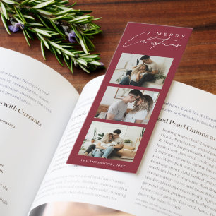 Modern 3 Photo Collage Red Christmas Holiday Card Bookmarks