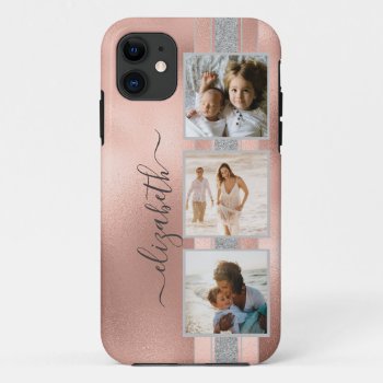 Modern 3 Photo Collage Rose Gold Name Iphone 11 Case by storechichi at Zazzle
