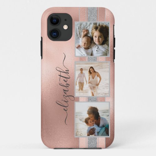 Modern 3 Photo Collage Rose Gold Name iPhone 11 Case
