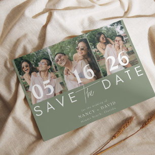 Modern 3 photo Collage Sage Green wedding Save The Date