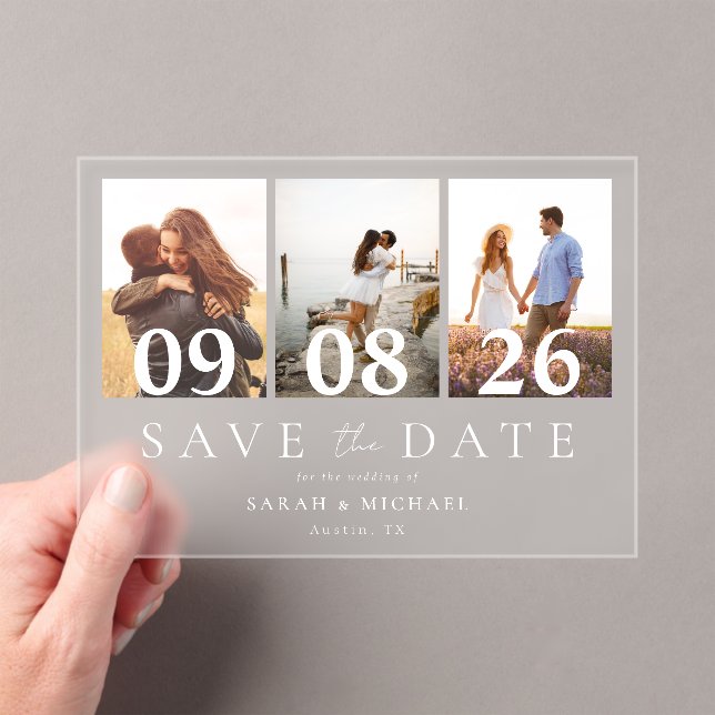 Modern 3 Photo Collage Save the Date Wedding Acrylic Invitations (Insitu (Handheld))