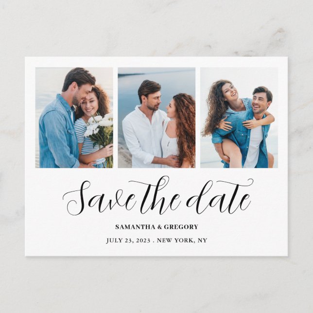 Modern 3 Photo Collage Save The Date Wedding  Announcement Postcard (Front)