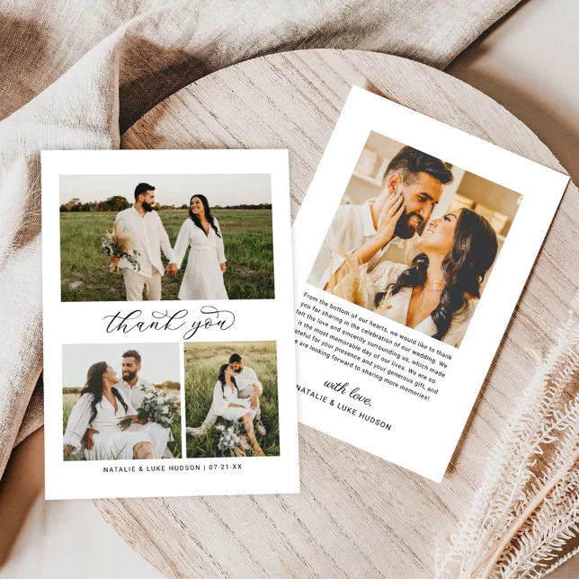 Modern 3 Photo Collage Script Wedding Thank You Card | Zazzle
