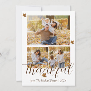 Modern 3 Photo Collage Thanksgiving Thankful Holiday Card