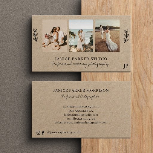 Customizable Modern 3 photo collage wedding photographer kraft  business card