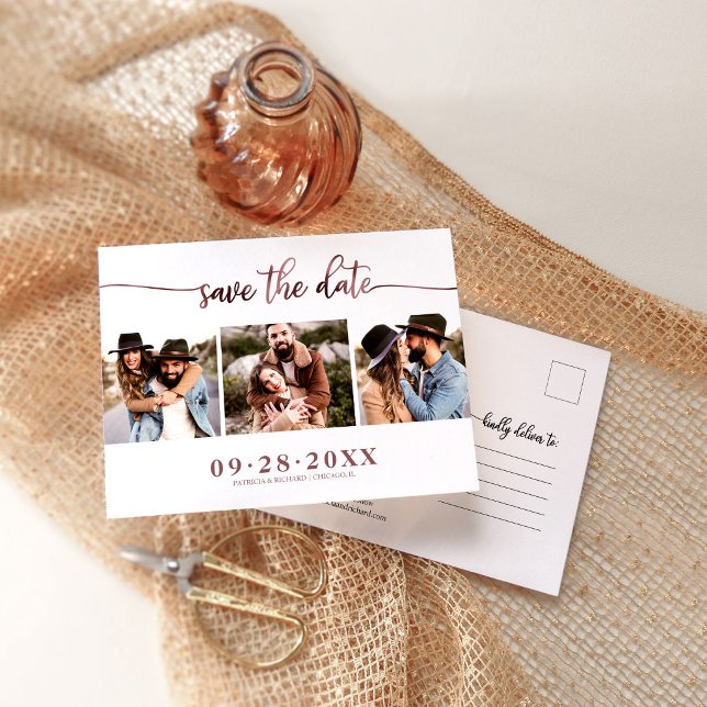 Modern 3 Photo Collage Wedding Save Date Postcard (Creator Uploaded)