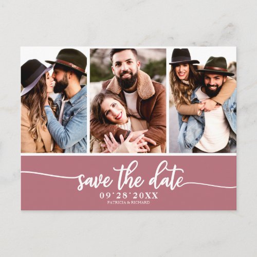 Modern 3 Photo Collage Wedding Save The Date Postcard