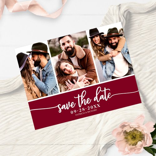 Modern 3 Photo Collage Wedding Save The Date Postcard