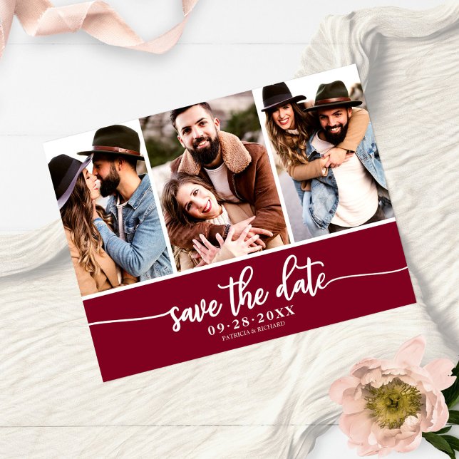 Modern 3 Photo Collage Wedding Save The Date Postcard (Creator Uploaded)