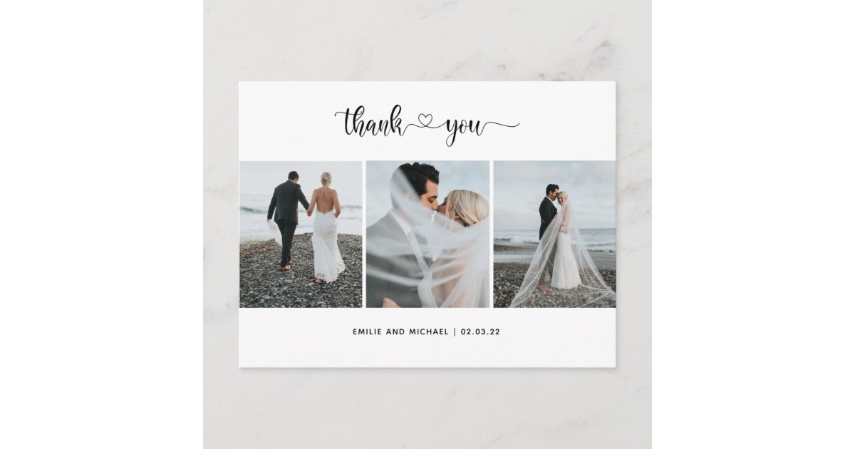 Modern 3 photo collage wedding thank you card | Zazzle