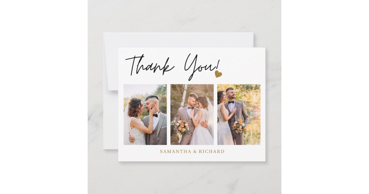 Modern 3 Photo Collage Wedding Thank You Card | Zazzle