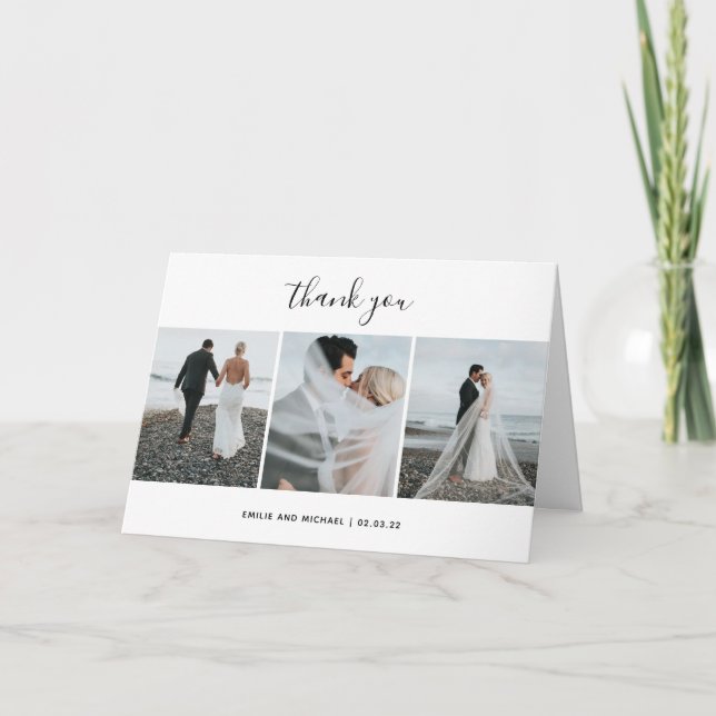 Modern 3 photo collage wedding  thank you card (Front)
