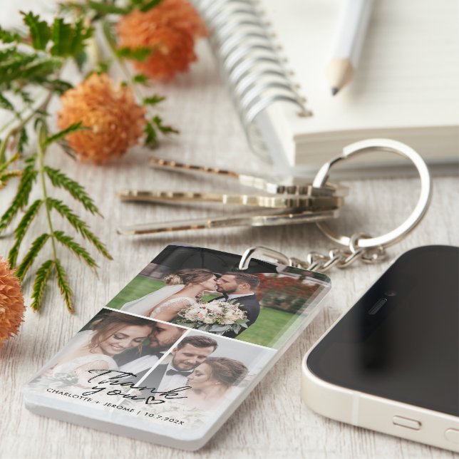 Modern 3 Photo Collage Wedding Thank You Custom Keychain (Front Right)