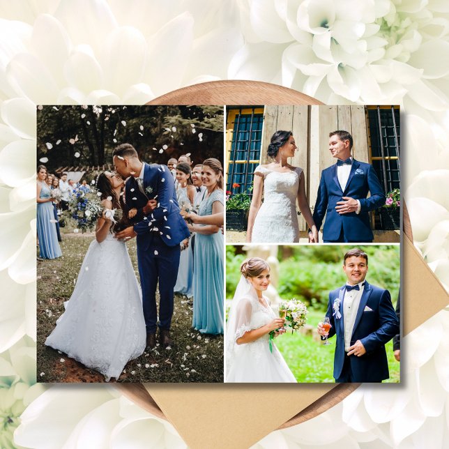 Modern 3 Photo Collage Wedding Thank You  Postcard (Modern 3 Photo Collage Wedding Thank You Postcard)