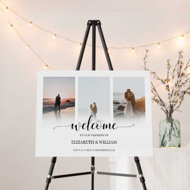 Modern 3 Photo Collage Wedding Welcome Sign (In Situ (Stand))