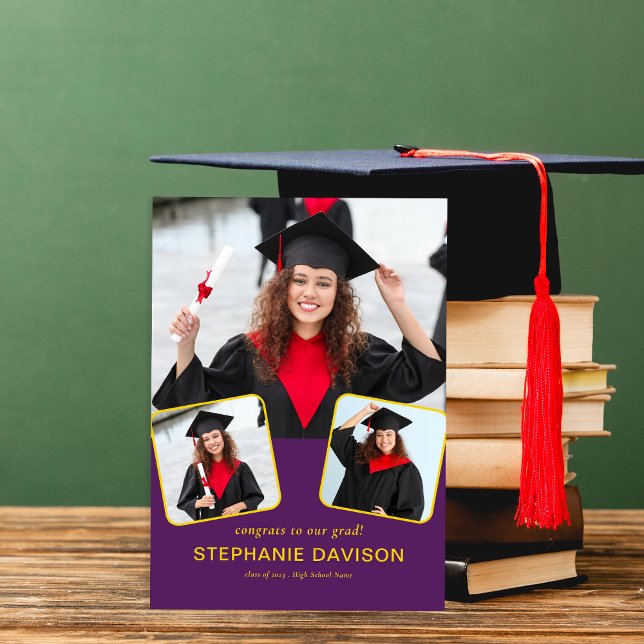 Modern 3 Photo Congrats to Grad 2023 Yellow Purple Announcement (Creator Uploaded)