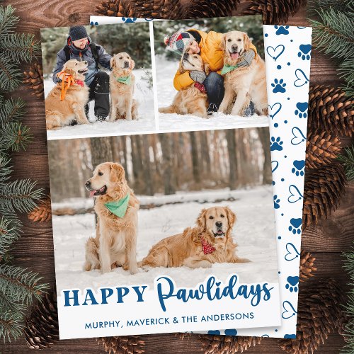 Modern 3 Photo Dog Personalized Happy Pawlidays Holiday Card