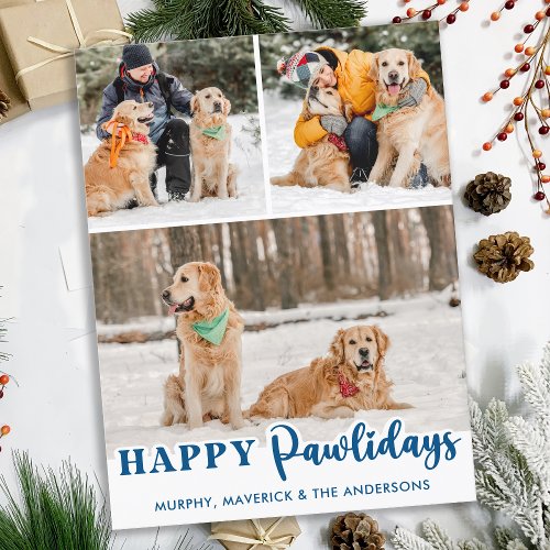 Modern 3 Photo Dog Personalized Happy Pawlidays Holiday Postcard
